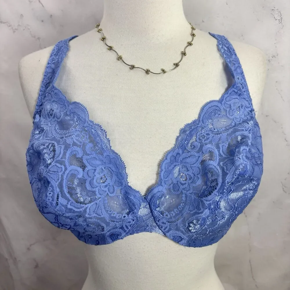 Vintage 90s Olga 36DD Sheer Lace Bra Burgundy 33580 Unlined Cauliflower Blue